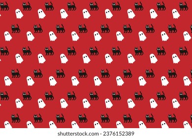Halloween background vector, Halloween cat and ghost. Halloween 2023 decorative elements.