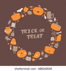 Halloween background. Vector circle frame with traditional holiday symbols: pumpkins, ghosts, spiders, cats. Place for your text.