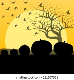 Halloween background vector concept with tree, raven and pumpkins