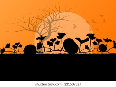Halloween background vector concept with tree, raven and pumpkins