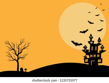 Halloween background vector with dark castle, moon and bat silhouette style of sunset orange light