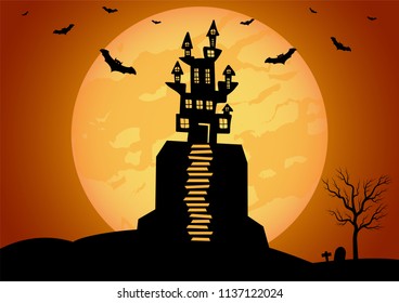 Halloween background vector with dark castle, moon and bat silhouette style of sunset orange light