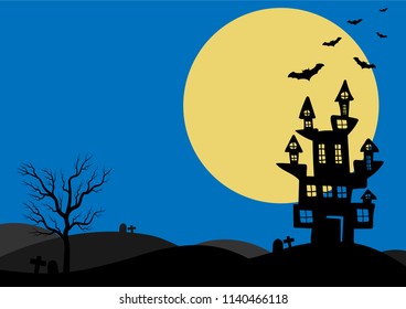 Halloween background vector with dark castle, moon and bat silhouette style of sunset blue light
