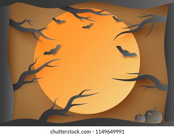 Halloween background vector with dark castle, moon and bat silhouette style of sunset orange light, paper art with shadow modern concept