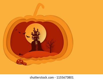 Halloween background vector with dark castle, moon and bat silhouette style of sunset orange light