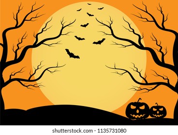 Halloween background vector with dark pumpkin, moon and bat silhouette style of sunset orange light