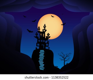 Halloween background vector with dark pumpkin, moon and bat silhouette style of sunset blue light