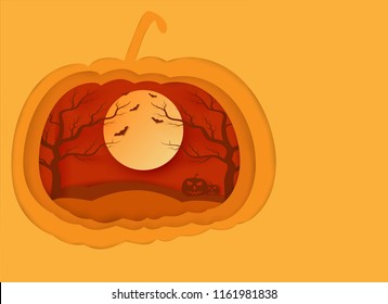 Halloween background vector with dark pumpkin, moon and bat silhouette style of sunset orange light