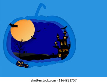 Halloween background vector with dark pumpkin, moon and bat silhouette style of sunset blue light