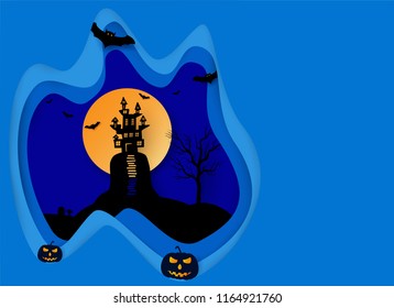 Halloween background vector with dark pumpkin, moon and bat silhouette style of sunset blue light