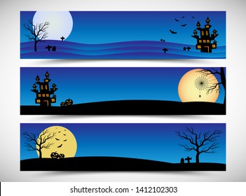 Halloween background vector with dark pumpkin, moon and bat silhouette style of sunset blue light, banner design
