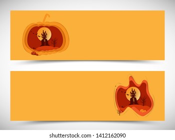 Halloween background vector with dark pumpkin, moon and bat silhouette style of sunset orange light, banner design