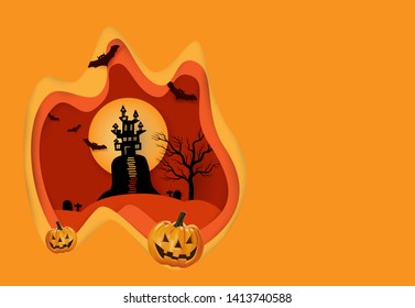 Halloween background vector with dark pumpkin, moon and bat silhouette style of sunset orange light