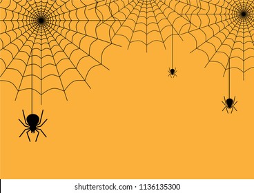 Halloween background vector with dark spider and web silhouette style of sunset orange light