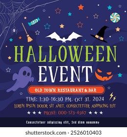 Halloween background Vector, Halloween day party poster invitation card, Event greeting card, Halloween banner with various cartoon elements on the dark background. Template design Illustration.