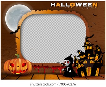 Halloween background vector design, Retro photo frame for Halloween festival, Halloween night background with creepy castle and pumpkins