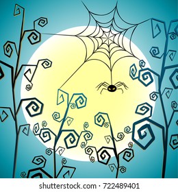 Halloween background. Vector festive illustration. Silhouettes against the background of the full moon. Spider. Web. Night. Branches of dry trees. Fear.