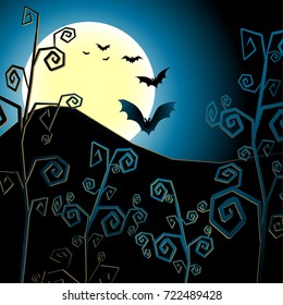 Halloween background. Vector festive illustration. Silhouettes against the background of the full moon. Night. Branches of dry trees. Bat. Fear.