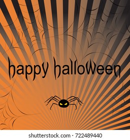 Halloween background. Vector festive illustration. A spider on a web. Orange and black rays.