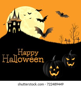 Halloween background. Vector festive illustration. The house is on the background of the full moon. Pumpkin. Night. Cemetery. Bat. Fear.