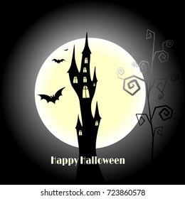 Halloween background. Vector festive illustration. Castle. The bats. Full moon.