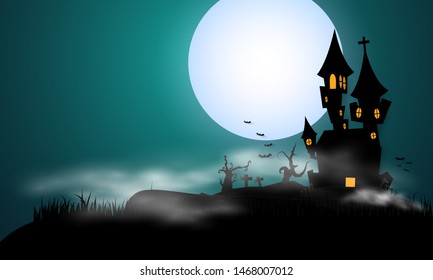 Halloween background vector, full moon and bat silhouette style