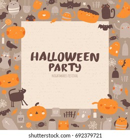 Halloween background. Vector greeting card with traditional holiday symbols: pumpkins, ghosts, spiders, cats. Place for your text