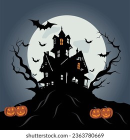 Halloween background vector with haunted mansion, gnarly trees, bats, pumpkins and creepy full moon