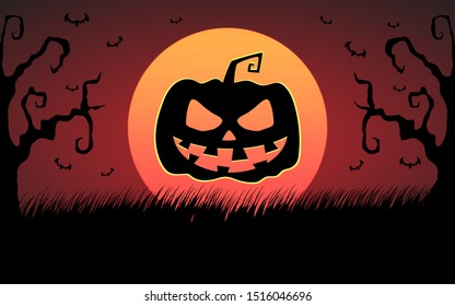 Halloween Background Vector Illustration. With Copy Space Pumpkin Moon Bats. Separate Layer Easy to Edit.