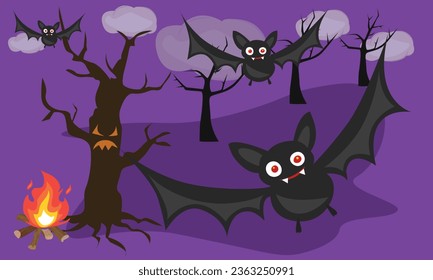 Halloween background vector illustration with demon bat, spooky tree, flying fire at night. Flying spooky bat clip art. Flat vector in cartoon style isolated on white background. 