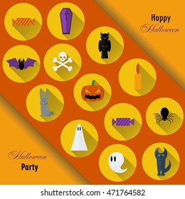 Halloween Background. Vector Illustration. Flat  Icons in Circles on Dark Chalkboard Textured Backdrop.  Concept. Trick or Treat. Orange Pumpkin ,spiders and bring