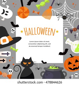 Halloween Background. Vector Illustration. Flat  Icons with Square Frame. Trick or Treat Concept