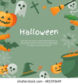 Halloween Background. Vector Illustration. Flat Halloween Icons with Square Frame. Trick or Treat Concept. Orange Pumpkin and Spider Web, Witch Hat and Cauldron, Skull and Crossbones.