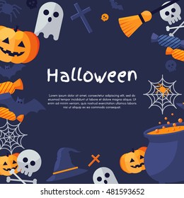 Halloween Background. Vector Illustration. Flat Halloween Icons with Square Frame. Trick or Treat Concept. Orange Pumpkin and Spider Web, Witch Hat and Cauldron, Skull and Crossbones.