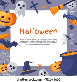 Halloween Background. Vector Illustration. Flat Halloween Icons with Square Frame. Trick or Treat Concept. Orange Pumpkin and Spider Web, Witch Hat and Cauldron, Skull and Crossbones.