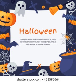 Halloween Background. Vector Illustration. Flat Halloween Icons with Square Frame. Trick or Treat Concept. Orange Pumpkin and Spider Web, Witch Hat and Cauldron, Skull and Crossbones.