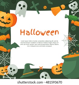 Halloween Background. Vector Illustration. Flat Halloween Icons with Square Frame. Trick or Treat Concept. Orange Pumpkin and Spider Web, Witch Hat and Cauldron, Skull and Crossbones.