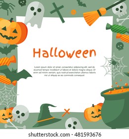 Halloween Background. Vector Illustration. Flat Halloween Icons with Square Frame. Trick or Treat Concept. Orange Pumpkin and Spider Web, Witch Hat and Cauldron, Skull and Crossbones.