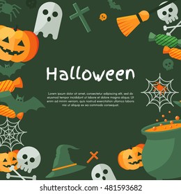 Halloween Background. Vector Illustration. Flat Halloween Icons with Square Frame. Trick or Treat Concept. Orange Pumpkin and Spider Web, Witch Hat and Cauldron, Skull and Crossbones.