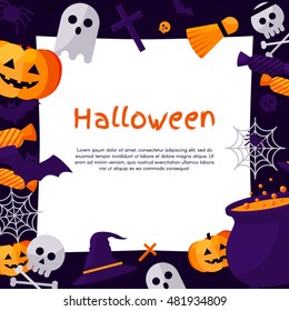 Halloween Background. Vector Illustration. Flat Halloween Icons with Square Frame. Trick or Treat Concept. Orange Pumpkin and Spider Web, Witch Hat and Cauldron, Skull and Crossbones.