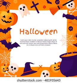 Halloween Background. Vector Illustration. Flat Halloween Icons with Square Frame. Trick or Treat Concept. Orange Pumpkin and Spider Web, Witch Hat and Cauldron, Skull and Crossbones.