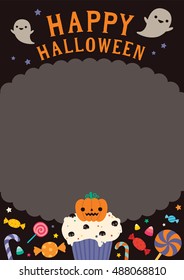 Halloween background, Vector illustration, Flat halloween icons with frame, Trick or treat concept, orange pumpkin and candy