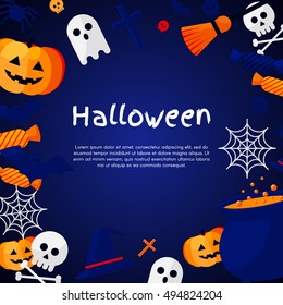 Halloween Background. Vector Illustration. Flat Halloween Icons with Square Frame. Trick or Treat Concept. Orange Pumpkin and Spider Web, Witch Hat and Cauldron, Skull and Crossbones.