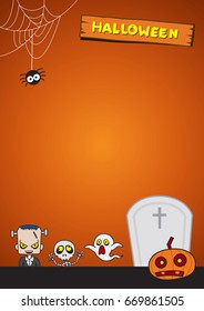 Halloween Background. Vector Illustration. Flat Halloween Icons with Square Frame. Trick or Treat Concept. Ghost and Frankenstein, Orange Pumpkin and Spider Web, Skull and Crossbones.