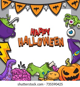 Halloween Background. Vector Illustration. Flat Halloween Icons with Square Frame. Trick or Treat Concept. Orange Pumpkin 
