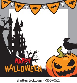 Halloween Background. Vector Illustration. Flat Halloween Icons with Square Frame. Trick or Treat Concept. Orange Pumpkin 