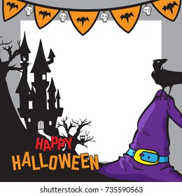 Halloween Background. Vector Illustration. Flat Halloween Icons with Square Frame. Trick or Treat Concept. Orange Pumpkin 