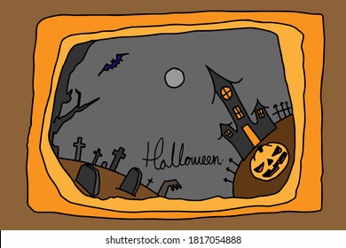 Ilustración del vector de fondo de Halloween con casa embrujada y cementerio.