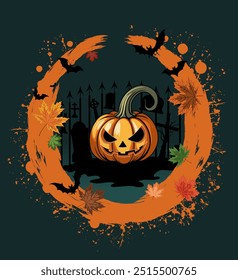 Halloween background, vector illustration with jack's lantern, bats, fallen leaves in a round frame with splashes of paint. for the design of cards, greetings, invitations