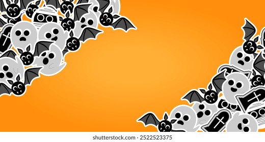 Fondo de Halloween. Ilustración vectorial con un montón de lindos fantasmas redondos, murciélagos y momias sobre un fondo naranja calabaza. una Plantilla moderna para saludos, invitaciones y anuncios. estilo de dibujos animados.